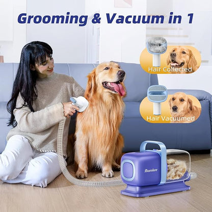 Dog Grooming Kit with Pet Grooming Vacuum, Dog Clipper, Pet Grooming Shedding Brush, Cleaning Tool in 1, Low Noise Dog Vacuum for Dogs Cats (Blue)