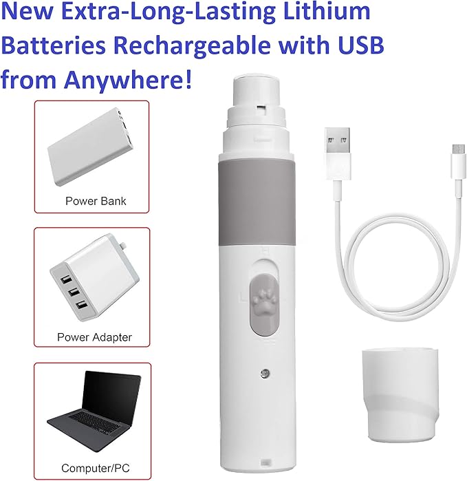 PET NAIL GRINDER - BEST Rechargeable Cordless DOG NAIL Trimmer for Dogs & Cats - Easy & Comfortable to Use - Quiet Motor, Two Speed Options with Light Indicator - Great for Small, Medium, Large Nails.