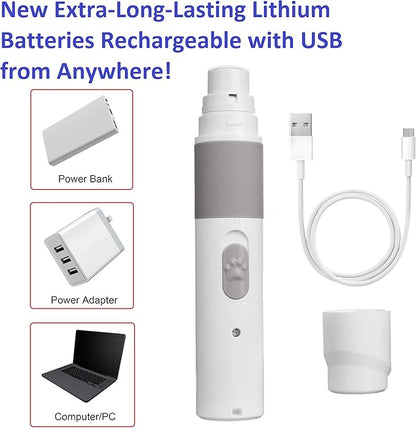 PET NAIL GRINDER - BEST Rechargeable Cordless DOG NAIL Trimmer for Dogs & Cats - Easy & Comfortable to Use - Quiet Motor, Two Speed Options with Light Indicator - Great for Small, Medium, Large Nails.