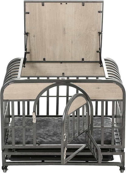 46in Dog Kennel Furniture, Heavy Duty Dog Crate with Removable Trays and Wheels, Metal Dog Crates for Large Dogs