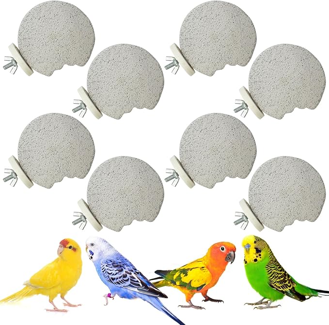 PINVNBY 8 PCS Bird Perch Parrot Beak Grinding Stone Calcium Mineral Parrot Perch Foot Claws Trimmer Chewing Toy Bird Cage Accessories for Small Medium Budgie Cockatiel Conure Lovebird (Lune)
