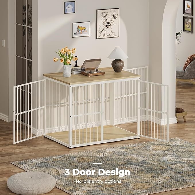 43'' Dog Crate Furniture with 3 Doors, XL Wooden Crate End Table, Heavy Duty Indoor Puppy Cage Kennel for Medium to Large Dogs, Multiple Units Can be Combined, Natural Beech