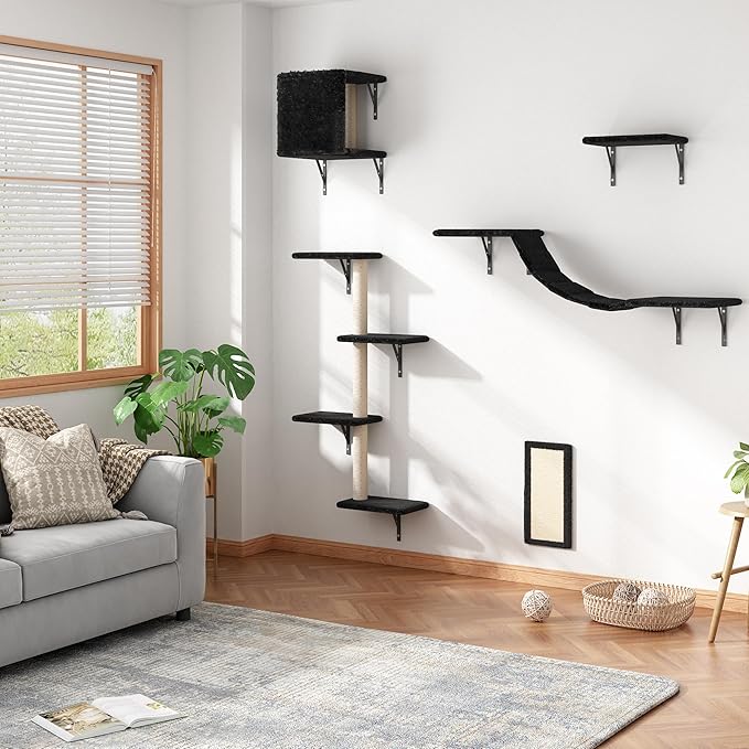 Cat Wall Shelves, Wall Mounted Cat Furniture, Cat Wall Climber with Bridge, Perches, Ledges and Beds, Kitty Jungle Gym for Wall, Set of 5 (Black)