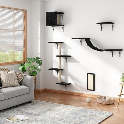 Cat Wall Shelves, Wall Mounted Cat Furniture, Cat Wall Climber with Bridge, Perches, Ledges and Beds, Kitty Jungle Gym for Wall, Set of 5 (Black)
