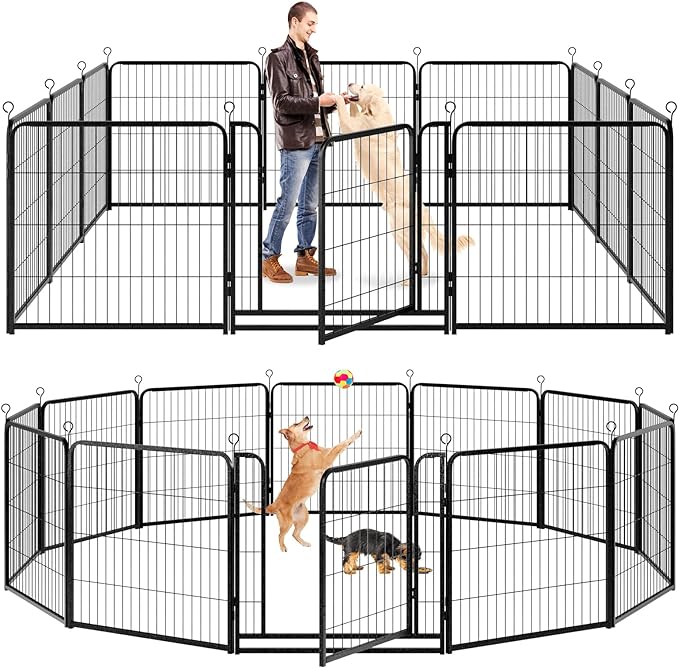 Dog Playpen Outdoor Extra Wide 12 Panels Heavy Duty Dog Fence 32" Height Anti-Rust with Doors Portable for RV Camping Yard, Total 32FT, 79 Sq.ft, Snowy Black