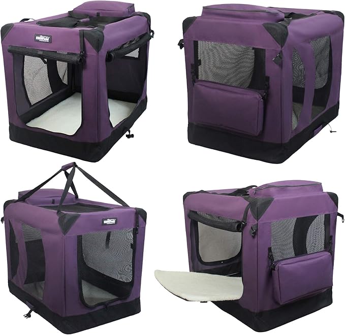 EliteField 3-Door Folding Soft Dog Crate with Carrying Bag and Fleece Bed (2 Year Warranty), Indoor & Outdoor Pet Home (30" L x 21" W x 24" H, Purple)