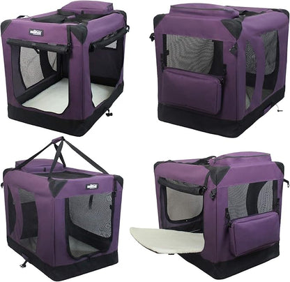 EliteField 3-Door Folding Soft Dog Crate with Carrying Bag and Fleece Bed (2 Year Warranty), Indoor & Outdoor Pet Home (20" L x 14" W x 14" H, Purple)