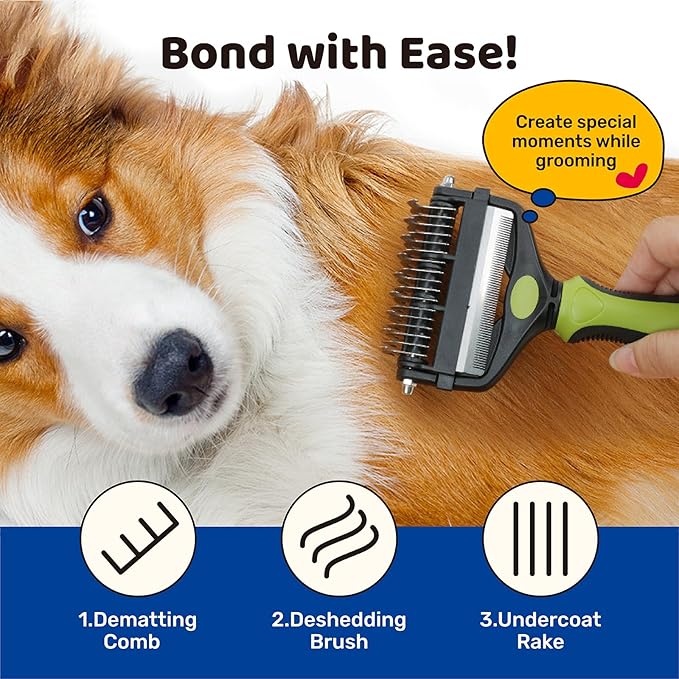 3-in-1 Pet Deshedding Tool - Undercoat Rake, Deshedding Brush, Dematting Comb for Dogs & Cats, Dog Brush for Shedding, Professional Grooming Brush for Double Coat, Long & Short Hair (Green)