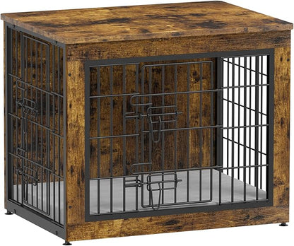 Piskyet Dog Crate Furniture with Cushion,Heavy-Duty Reinforced Metal Mesh,27" Wooden Dog Crate End Table with Double Doors,Indoor Dog Kennel,Dog Cage Side Table for Small Breed,Rustic Brown