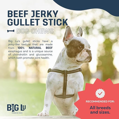 Big Lu - 6-Inch Jerky Gullet Sticks, 6 Count, All-Natural Beef Dog Chews, Grass-Fed, Free-Range, Digestible Treats with Glucosamine and Chondroitin for Joint Health, Dogs