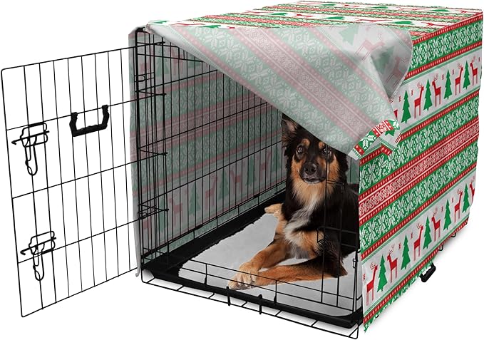 Ambesonne Christmas Dog Crate Cover, Knit Style Graphic Reindeer Star and Snowflake Holiday Family Theme, Easy to Use Pet Kennel Cover for Cats & Medium Dogs, 24 Inch, White Green
