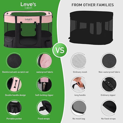 Love's cabin Pet Puppy Dog Playpen, Medium Dog Tent Crates Cage Indoor/Outdoor, Portable Exercise Playpen for Cat, Foldable Pop Up Dog Kennel Playpen with Carring Case (M, Pink)