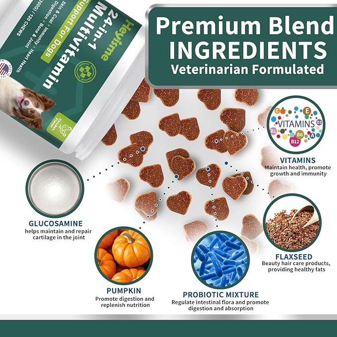 Dog Multivitamin, Glucosamine Chondroitin for Dogs, Dog Vitamins and Supplements, Probiotics, Krill Oil for Hip & Joints, Skin, Coat, Immune Health, Heart, Digestion (120 Chews, Chicken)