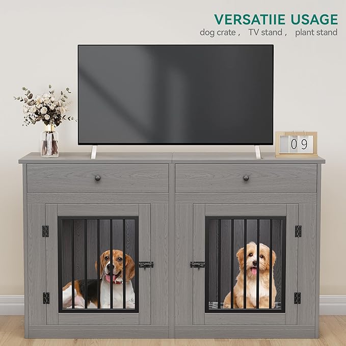 YITAHOME 60" Wooden Dog Crate Furniture with Removable Divider & Storage Drawers, Double Door Kennel with Locks for Medium and Large Dogs, Multi-Functional Dog Crate End Table for Indoor use, Grey
