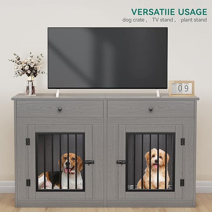 YITAHOME 60" Wooden Dog Crate Furniture with Removable Divider & Storage Drawers, Double Door Kennel with Locks for Medium and Large Dogs, Multi-Functional Dog Crate End Table for Indoor use, Grey