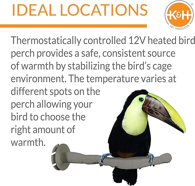 K&H Pet Products Thermo-Perch Heated Bird Perch for Cage, Bird Cage Accessory, Exotic Avian Warming Post for Small/Medium Feathered Friends Like Parakeet, Cockatiel, Canary - Small 1 X 10.5in 12V