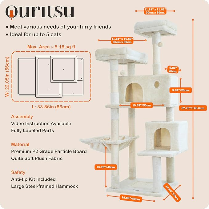 Ouritsu Cat Tree, 57 inch Cat Tower for Large Cat Indoor, 2 Top Perches with 1 Widened, 2 Condos with 1 Enlarged, Steel Frame Hammock, Scratching Posts and Scratching Pad, Beige, LF003WH