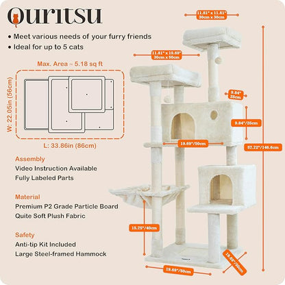 Ouritsu Cat Tree, 57 inch Cat Tower for Large Cat Indoor, 2 Top Perches with 1 Widened, 2 Condos with 1 Enlarged, Steel Frame Hammock, Scratching Posts and Scratching Pad, Beige, LF003WH