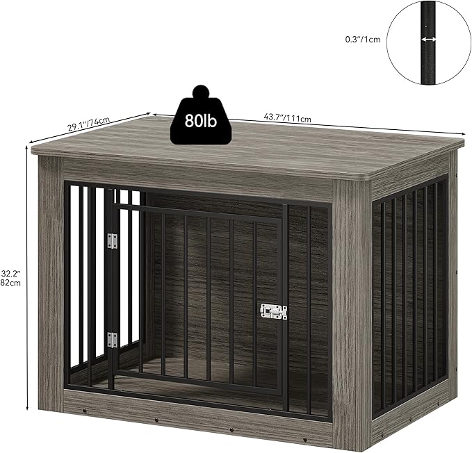 YITAHOME Dog Crate Furniture for Large Dogs, Side End Table, Modern Dogs Kennel Indoor up to 80 lb, 2-in-1 Iron-Wood Fusion Dog Cage with Waterproof Top, Safety Corners, Steel Lock,43" L,Greige