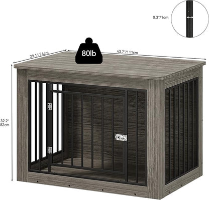 YITAHOME Dog Crate Furniture for Large Dogs, Side End Table, Modern Dogs Kennel Indoor up to 80 lb, 2-in-1 Iron-Wood Fusion Dog Cage with Waterproof Top, Safety Corners, Steel Lock,43" L,Greige