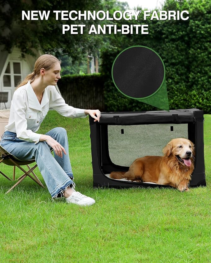 42-Inch Collapsible Travel Dog Crate, Portable 4-Door Soft Kennel for Medium to Large Dogs, Chew-Proof Mesh Windows, Indoor/Outdoor Use, Foldable, with Storage Bag (Black)