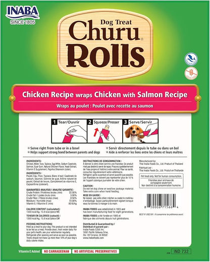INABA Churu Rolls for Dogs, Soft & Chewy Baked Chicken Wrapped Filled Dog Treats with Vitamin E, 0.42 Ounces Each Stick, 64 Sticks (8 per Pack), Chicken with Salmon Recipe