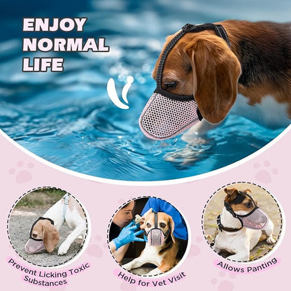 Dog Muzzle,Mesh Soft Muzzle for Small Medium Large Sized Dogs, Breathable Reflective Adjustable Puppy Muzzles with Collar for Scavenging Grooming Biting Chewing,Allows Panting and Drinking(Pink L)
