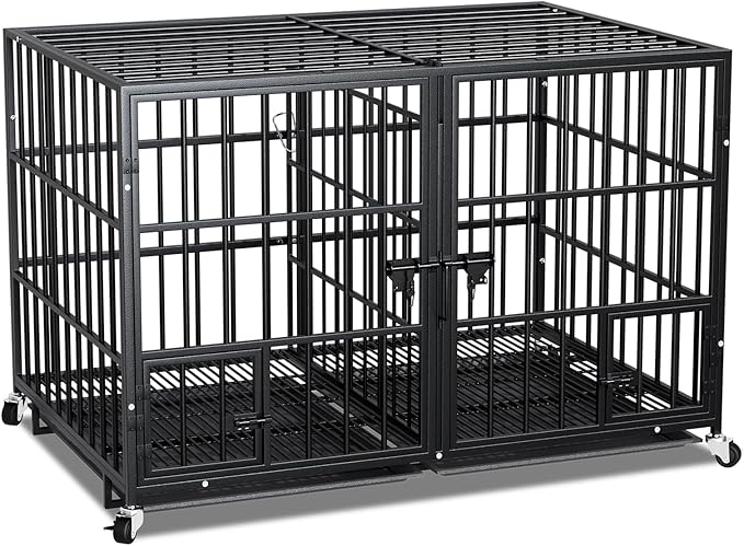 42 Inch Metal Dog Crate for Large Dogs,Heavy Duty Dog Cage Kennel Indoor with Divider Panel, Lockable Wheels, Indestructible Drop Cages for Dogs with Removable Tray, Escape Proof Locks