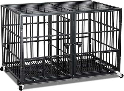 42 Inch Metal Dog Crate for Large Dogs,Heavy Duty Dog Cage Kennel Indoor with Divider Panel, Lockable Wheels, Indestructible Drop Cages for Dogs with Removable Tray, Escape Proof Locks