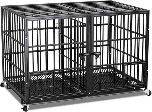42 Inch Metal Dog Crate for Large Dogs,Heavy Duty Dog Cage Kennel Indoor with Divider Panel, Lockable Wheels, Indestructible Drop Cages for Dogs with Removable Tray, Escape Proof Locks