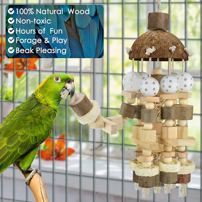 KATUMO Bird Toys, 2PCS Large Wooden Blocks & Coconut Shell Chew Toys for African Grey Cockatoo Amazon Parrots and Medium to Large Birds