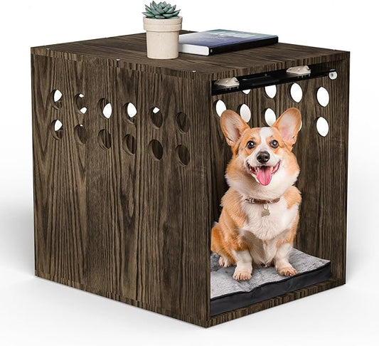 Dog Crate Furniture, SAUCE ZHAN Dog Kennel with Cushion for Small/Medium Dogs, End Side Table Wooden Crate for Pets Indoor, Brown