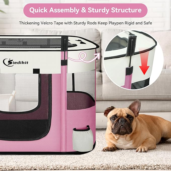 Dog Cat Playpen28/31/35in, Pet Puppy Portable Playpens for Dogs Indoor Outdoor Travel Crate,Foldable Dog Kennel Tent for Rabbit or Small Animals and Tent Stakes (Pink, Large)