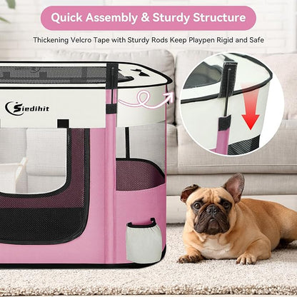 Dog Cat Playpen28/31/35in, Pet Puppy Portable Playpens for Dogs Indoor Outdoor Travel Crate,Foldable Dog Kennel Tent for Rabbit or Small Animals and Tent Stakes (Pink, Large)