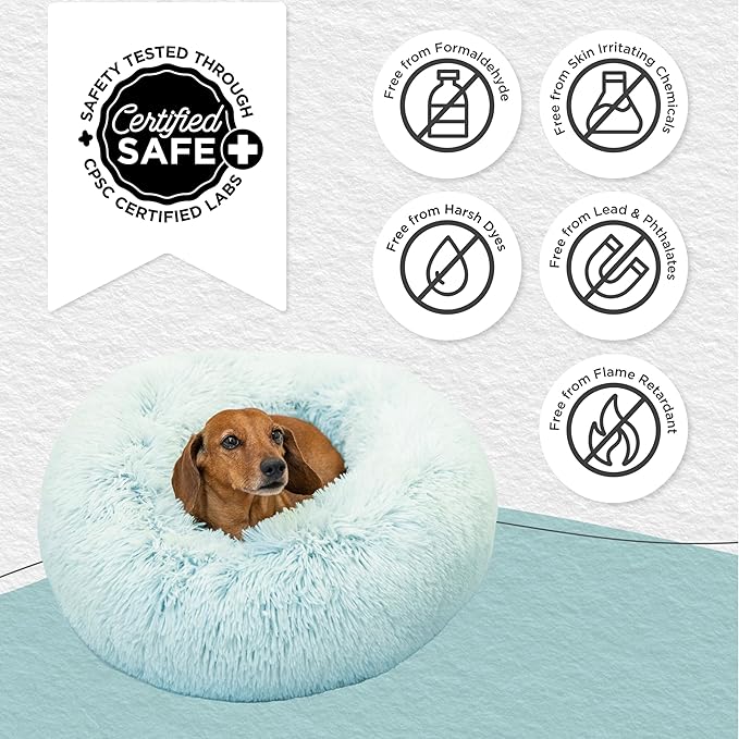 Best Friends by Sheri Original Calming Donut Dog and Cat Bed, Shag Faux Fur, Baby Blue, (23in x 23in) - Anxiety Relief for Pets Up to 25 lbs