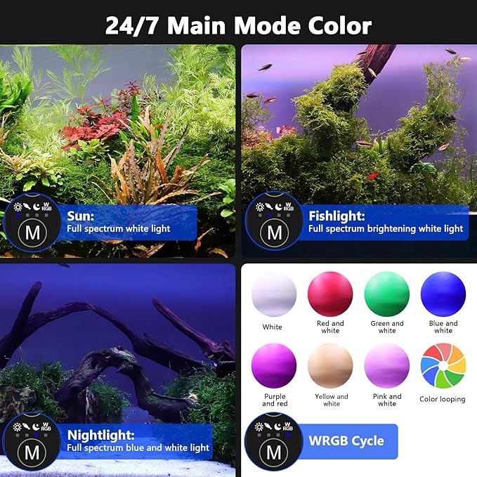 hygger New Mode 24/7 Timer LED Aquarium Light, Auto On Off Full Spectrum Fish Tank Light Fish Colorful/Sun/Nightlight/Wrgb Cycle Mode for Freshwater Plants Tank (for 33in~39in Long Tank)