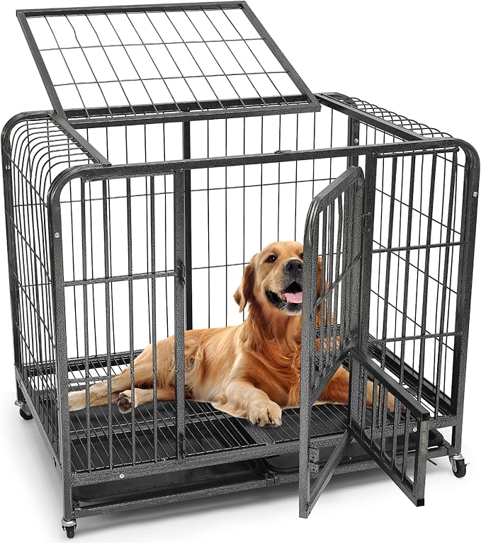 49/37/44 Inch Dog Crate, Heavy Duty Metal Dog Kennel, Indestructible, Escape Proof Dog Cage with Lockable Wheels, Indoor for Large Breed, Big Dog Cage with Removable Dog Crate Tray