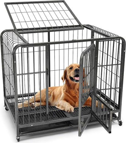 49/37/44 Inch Dog Crate, Heavy Duty Metal Dog Kennel, Indestructible, Escape Proof Dog Cage with Lockable Wheels, Indoor for Large Breed, Big Dog Cage with Removable Dog Crate Tray