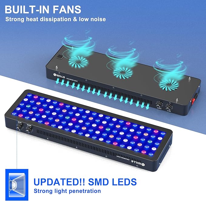 WILLS Full Spectrum Aquarium Light, Reef Lights for Coral with Dual Dimmable Channels, 105 Premium SMD Chips, Daisy Chain Design, Hanging Saltwater Fish Tank Light for SPS/LPS Coral Reef (300W/Black)