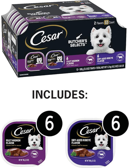 Cesar Wet Dog Food Classic Loaf in Sauce Butcher's Selects Variety Pack, Dry-Aged Ribeye Flavor and Filet Mignon Flavor, 3.5 oz. Trays (12 Count, Pack of 1)