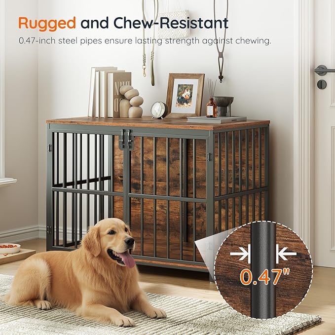 HOOBRO 38.6" Dog Crate Furniture, Wooden Dog Kennel Indoor, Chew-Resistant Heavy Duty Dog Cage for Small/Medium Dog, Decorative Side End Table, Rustic Brown and Black BF100GW03