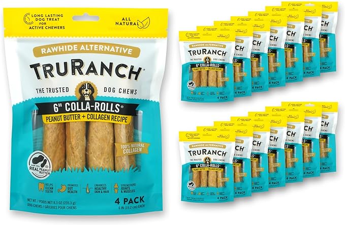 TRURANCH Collagen Rolls - 6" Collagen Rolls for Dogs - Long Lasting Healthy Joint Support - Rawhide Alternative - Skin & Coat Health - Made with Real Peanut Butter, Value Pack, 15 Bags, 60 Count