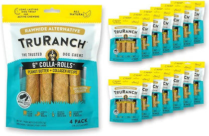 TRURANCH Collagen Rolls - 6" Collagen Rolls for Dogs - Long Lasting Healthy Joint Support - Rawhide Alternative - Skin & Coat Health - Made with Real Peanut Butter, Value Pack, 15 Bags, 60 Count