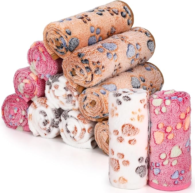 Tegeme 12 Pieces Pet Blanket Soft Fleece Dog Fluffy Doggie Warm Felt Throw Spring Paw Print Puppy Kitten Sleep Mat Bed Covers for Cat (23 x 16 Inch,Pink,Beige,Camel)