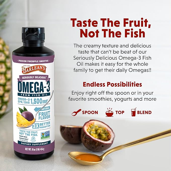 Barlean's Passion Pineapple High Potency Omega 3 Fish Oil Liquid Supplement, 1500mg EPA & DHA Fatty Acid, Smoothie Flavored & Burpless for Brain, Joint, & Heart Health, 16 oz