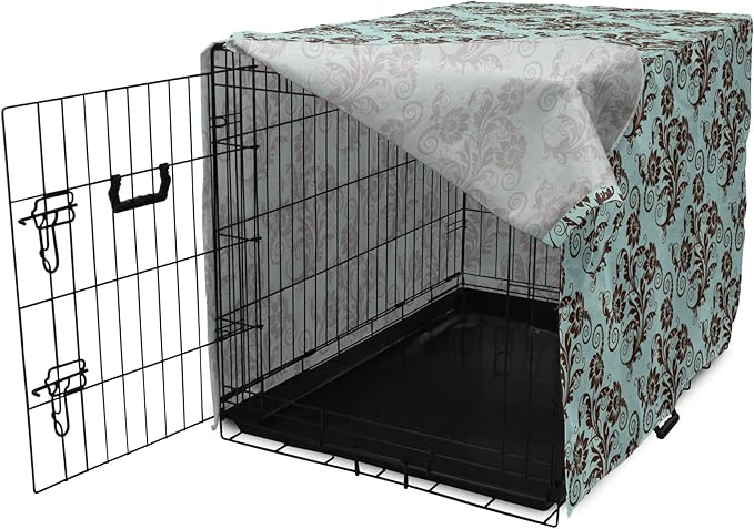 Ambesonne Art Nouveau Dog Crate Cover, Vintage Swirls Vibrant Foliage Damask Style Classic Renaissance, Easy to Use Pet Kennel Cover for Cats & Medium Dogs, 30 Inch, Seal Brown and Pale Blue