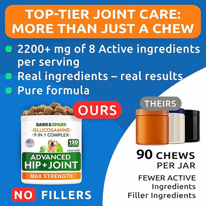 BARK&SPARK Senior Advanced Glucosamine Chondroitin for Dogs - Hip Joint Pain Relief - Old Dog Joint Chews Large & Small Breed - Hip Joint Chews Joint Health Care Treats - 120Ct