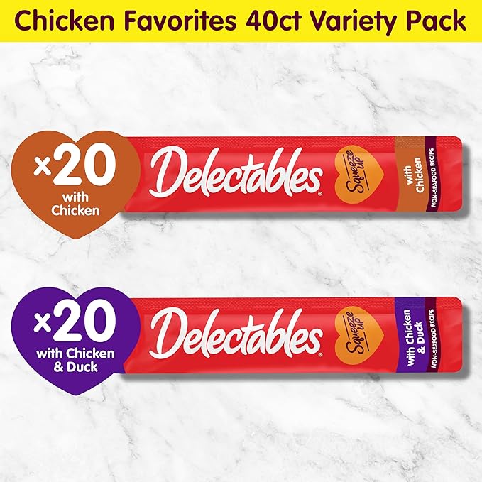New! Delectables Squeeze Up Non-Seafood Chicken Variety Pack, Creamy Squeezable Puree, Lickable Wet Cat Treats, Grain-Free, No Added Fillers, 0.5 Ounces Tube, 40 Tubes Total