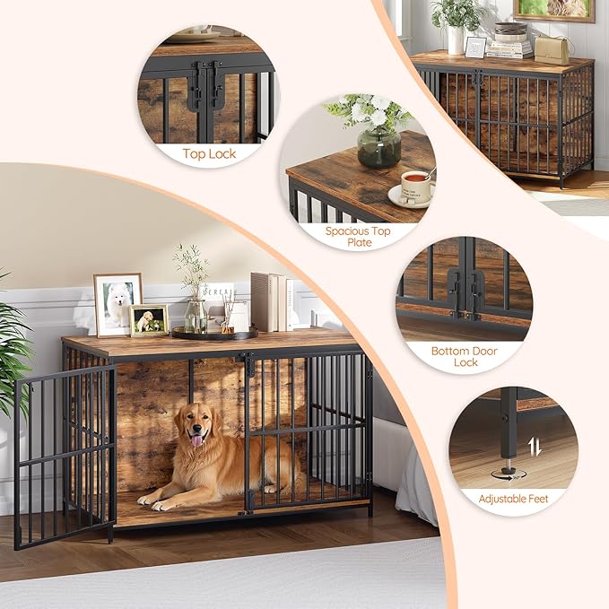 HOOBRO 46.5" Large Dog Crate Furniture, Wooden Dog Kennel Indoor, Chew-Resistant Heavy Duty Dog Cage for Large/Medium Dog, Decorative Side End Table, Rustic Brown and Black BF120GW03
