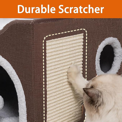 Cat Houses for Indoor Cats - Large Cat Bed Cave with Scratch Pad and Fluffy Ball, Foldable Cat Condo Hideaway with Reversible Cushion for Multi Small Petï¼_rown